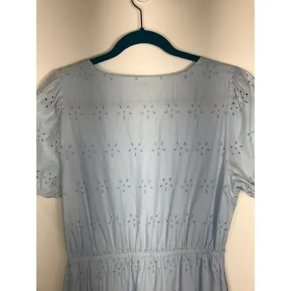 J. Crew Midi Dress Women's 8 Blue V Neck Puff Sleeve Eyelet Tiered Feminine - Picture 10 of 15
